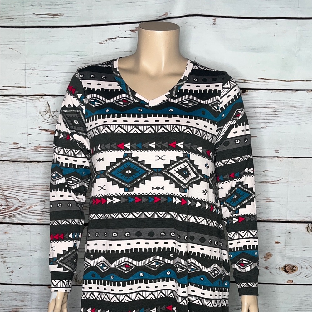 LuLaRoe NWT Size XL Gray & Blue Aztec Print Emily Swing Dress w/ Pockets - Picture 2 of 5